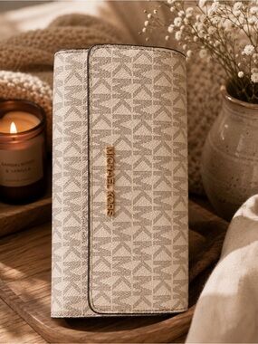 Michael Kors Gold Logo Beige Monogram Continental Wallet
